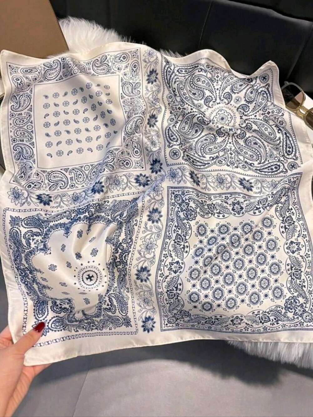 Blue Cream Paisley Floral Satin Scarf Summer Vacation Travel
